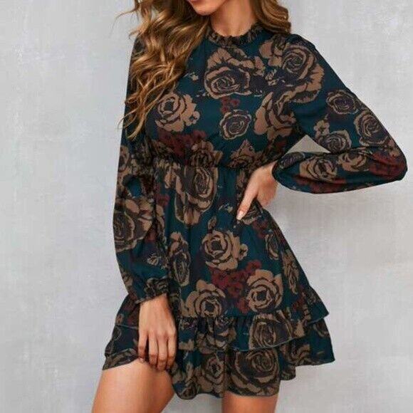Floral Dress Mock Neck Lantern Sleeve Ruffle Hem Floral Dress Size Large - Picture 1 of 7